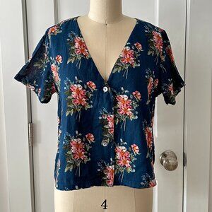 Pink Chicken Button Down Floral Cropped Blouse